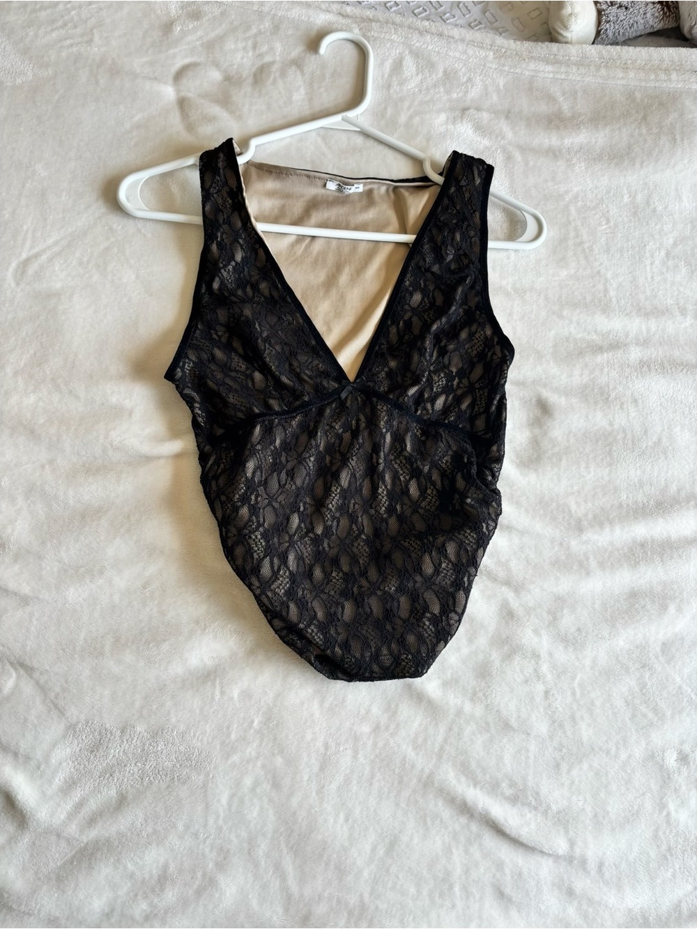 Ardene Black Lace V-Neck Bodysuit with Nude Lining